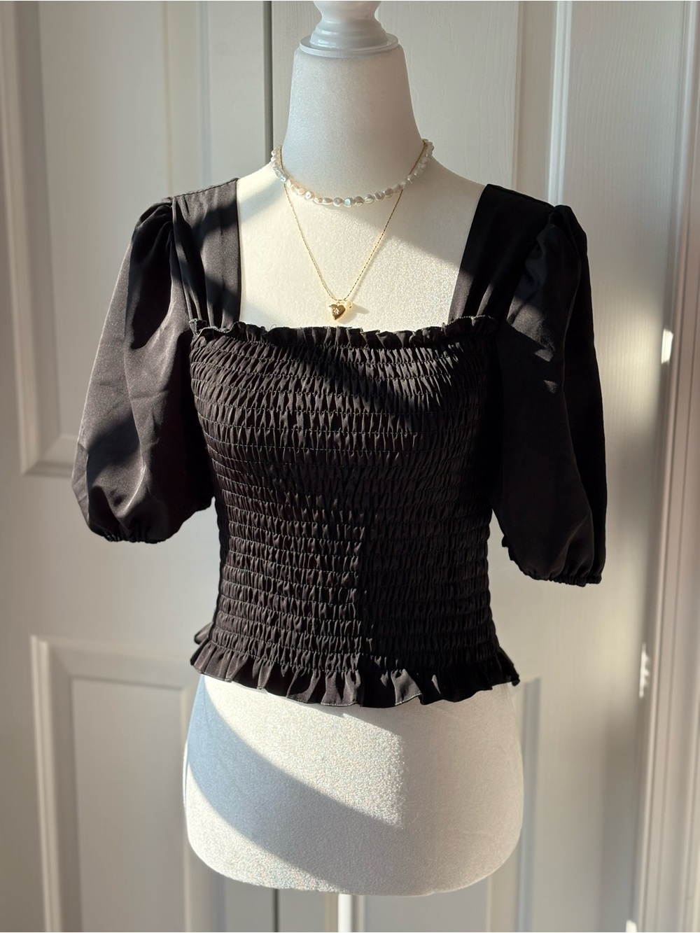 Black Smocked Puff Sleeve Top